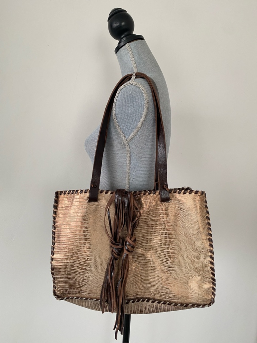 Carla Mancini Metallic Tan & Dark Brown Croc Textured Tote Bag Leather Tassels